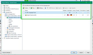Trados Studio Project Settings window showing Translation Memory and Automated Translation enabled only for English-German language pair.