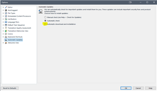 Trados Studio options window with Automatic updates section highlighted, showing 'Automatic check' selected for updates.