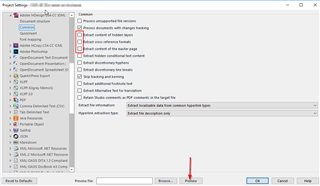 Trados Studio Project Settings window with various options and checkboxes. A red arrow points to the 'Preview' button at the bottom.