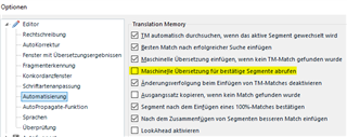 Screenshot of Trados Studio options menu with 'Machine translation for untranslated segments' option unchecked.