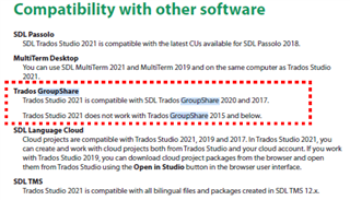 Compatibility chart showing Trados Studio 2021 is not compatible with GroupShare 2015 and below, with a red dashed line highlighting the relevant section.
