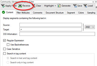 Screenshot of Trados Studio's Community Advanced Display Filter with 'Apply Filter' and 'Reverse' buttons circled in red. The 'Target' field contains a regular expression '.+'