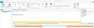 Trados Studio Review tab display filter with $ regex applied showing no results and a message 'No translation units to display.'