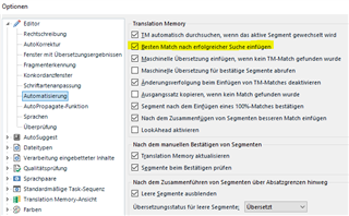 Trados Studio settings window showing Translation Memory options with 'Automatically search' and 'Search concordance' ticked.