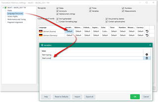 Trados Studio 2021 Translation Memory Settings dialog box with a red arrow pointing to the Variables section where 'Start typing...' is displayed in the text box.