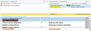 Trados Studio concordance search results showing a 100% match for 'belebt unsere Sinne' with nonsensical translations in the target column.