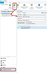 Trados Studio interface showing the Translation Memories view with a highlighted search bar where 'belebt unsere Sinne' can be entered to search within the TM.