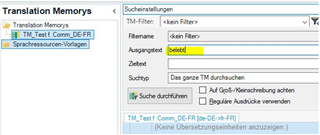 Trados Studio Translation Memories search window showing no results for the term 'belebt'.