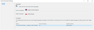 Trados Studio screenshot showing the Active Document Settings window with source language set to English (United Kingdom) and target language set to Polish (Poland). No visible errors.