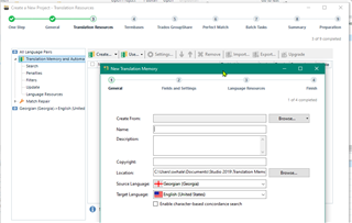 Trados Studio project creation window with General, Formats and Settings, and Language Resources tabs visible. No error messages shown.