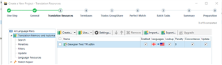 Trados Studio project view showing Translation Memory and Automated Translation pane with an 'Analyze Files' task in progress.