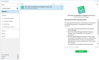 SDL Trados AppStore page showing the SDL Trados Compatibility and Migration Power Pack available for download.