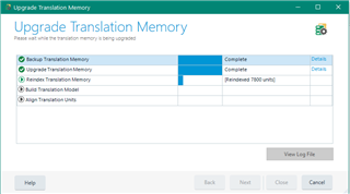 Trados Studio dialog box showing the 'Upgrade Translation Memory' process with 'Backup translation memory' completed and 'Upgrade Translation Memory' in progress.