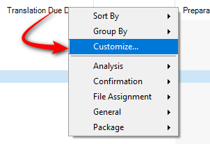Close-up of Trados Studio interface showing a right-click context menu with 'Customize...' option highlighted by a red arrow.