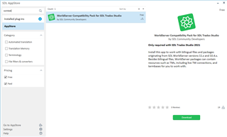 SDL AppStore webpage showing WorldServer Compatibility Pack for SDL Trados Studio with a 'Download' button.