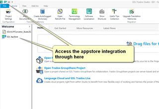Trados Studio welcome view highlighting the appstore integration shortcut with an arrow and text 'Access the appstore integration through here'.