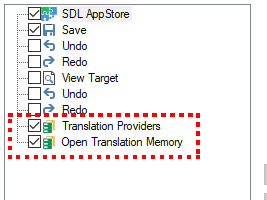 Trados Studio menu with options including 'SDL AppStore', 'Save', 'Undo', 'Redo', 'View Target', and 'Translation Providers'. 'Open Translation Memory' is highlighted with a red dashed box.