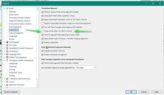 Trados Studio options menu with Automation settings highlighted, showing 'Copy Source to Target' option enabled.