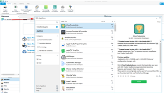 SDL Trados Studio 2021 interface showing the Welcome view with the AppStore integration highlighted. A dropdown menu is open with options like Configure, Help, and Check for Updates.