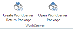 Screenshot showing two buttons: 'Create WorldServer Return Package' and 'Open WorldServer Package' with WorldServer icons.