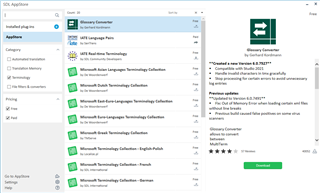 Trados Studio AppStore page showing Glossary Converter with a green download button and no visible errors.