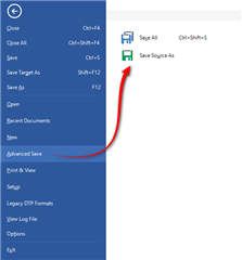 Trados Studio screenshot showing the File menu expanded with an arrow pointing to the 'Save Source As' option under 'Advanced Save'.