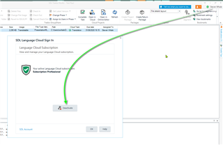 Trados Studio interface showing a successful sign-in to SDL Language Cloud with a green checkmark.
