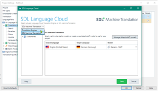 SDL Language Cloud dialog box in Trados Studio showing options to manage translation models with English and German languages selected.