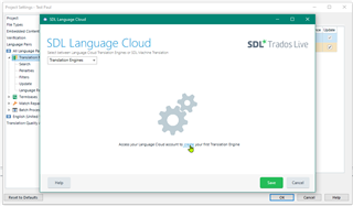 SDL Language Cloud dialog box in Trados Studio with a loading icon indicating the creation of a new Translation Engine.
