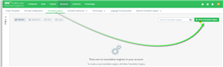 SDL Language Cloud web interface with a message stating there are no translation engines in the account and an option to create a new Translation Engine.