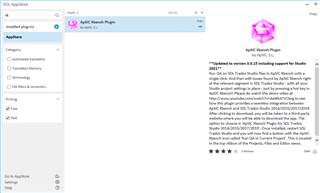 Trados Studio screenshot showing the installed plug-ins section with the AppTec Launch Plugin highlighted and a description pane on the right.