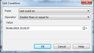Trados Studio Edit Condition dialog box with 'Last used on' field selected and operator set to 'Smaller than or equal to' with a date value input.