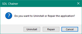 Dialog box titled 'SDL Chainer' with a question 'Do you want to Uninstall or Repair the application?' and options 'Uninstall', 'Repair', and 'Cancel'.