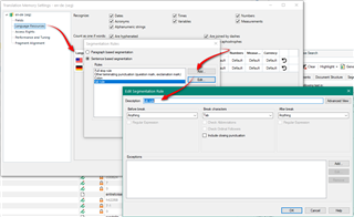 Screenshot of Trados Studio's segmentation rules settings with a new rule created for segmenting on tabs highlighted.