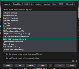 Trados Studio Glossary Converter settings window showing output format options including MultiTerm, Excel, TMX, and SDLTB.