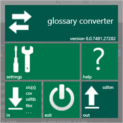Screenshot of Trados Studio Glossary Converter front screen showing icons for settings, help, exit, and file format options like xls(x), csv, sdltb, tbx with version number 6.0.7491.2782 at the bottom.