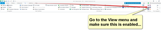 Screenshot of Trados Studio with an arrow pointing to the 'View' menu option with a tip saying 'Go to the View menu and make sure this is enabled...'