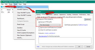 Screenshot of Fiddler Web Debugger with the Options menu open, highlighting the HTTPS tab and the 'Capture HTTPS Connects' and 'Decrypt HTTPS traffic' settings checked.