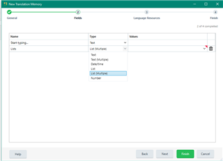 Trados Studio New Translation Memory setup window with a dropdown menu open showing options Text, MultipleText, DateTime, YesNo, List, and Number. A red warning icon is visible next to the 'Value' field.