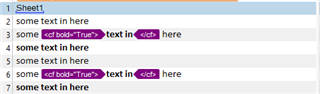 Excel sheet with some cells containing bold text marked with 'cd bold=True' tags.