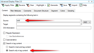 Trados Studio Advanced Display Filter window with 'bold' entered as the source text and 'Search only in tag content' option selected.