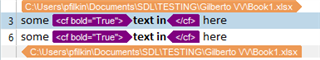 Filtered results in Trados Studio showing only the cells with 'cd bold=True' tags highlighted in purple.