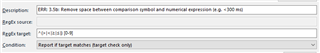 Trados Studio QA Checker rule settings showing a description for removing space between comparison operator and numerical expression.