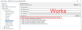 Trados Studio QA Checker rule settings with a red 'Works' label indicating the rule is functioning correctly.