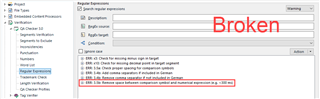 Trados Studio QA Checker rule settings with a red 'Broken' label indicating the rule is not functioning correctly.