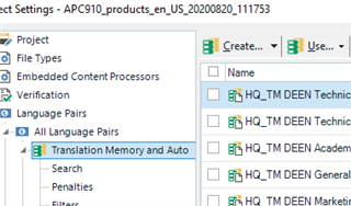 Trados Studio project settings window showing Translation Memory and AutoSuggest options with 'Use' menu activated but not responding to arrow keys.