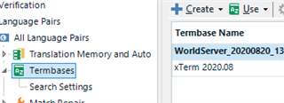 Trados Studio verification settings window with 'Use' menu open next to TermBase options, not allowing arrow key navigation.