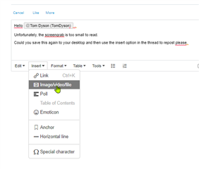 Email interface with a message to Tom Dyson stating the screengrab is too small to read, with instructions to save and repost using the insert option.