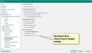 Trados Studio options menu with Translation Memory and Automated Translation settings. A tooltip suggests to uncheck the 'Copy source to target when no translation found' option.