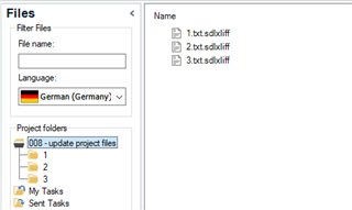 Screenshot of Trados Studio showing files within subfolders named 1, 2, 3 under the project folder '008 - update project files'. Language is set to German (Germany).